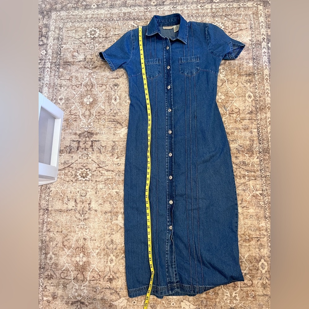 Expressions 90s Vintage Denim Button Front Midi Dress Small 100% Cotton Collared - Picture 8 of 11